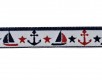 Sierband met blauwe randen, zeilboten, ankers en sterretjes.   Rood, wit en blauwe kleuren op een witte achtergrond.  Breed:  12