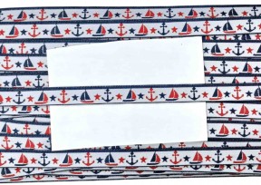 Sierband met blauwe randen, zeilboten, ankers en sterretjes.   Rood, wit en blauwe kleuren op een witte achtergrond.  Breed:  12