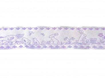 Pastel lila sierband met kip, kuiken en haasje  33 mm breed