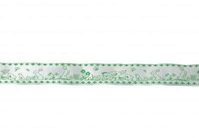 Groen sierband met kip, kuiken en haasje  33 mm breed