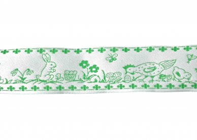 Groen sierband met kip, kuiken en haasje  33 mm breed