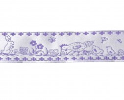 Pastel paars sierband met kip, kuiken en haasje  33 mm breed