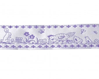 Pastel paars sierband met kip, kuiken en haasje  33 mm breed