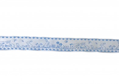 Lichtblauw sierband met kip, kuiken en haasje  33 mm breed