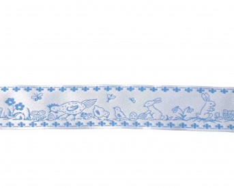 Lichtblauw sierband met kip, kuiken en haasje  33 mm breed