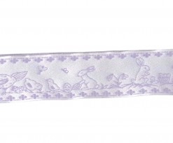 Pastel lila sierband met kip, kuiken en haasje  33 mm breed