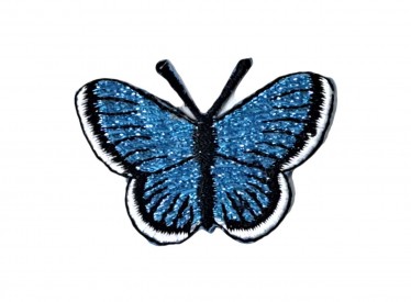 Vlinder applicatie, opstrijkbaar  Aqua glitter  Ongeveer 5 x 3,5 cm
