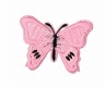 Een roze vlinder applicatie van 7 x 6 cm.  Om te plakken of te strijken, 2 in 1.