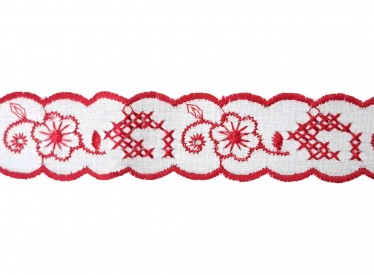 Wit katoen kant van 25 mm breed met een rood geborduurde bloem  100% katoen
