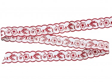 Wit katoen kant van 25 mm breed met een rood geborduurde bloem  100% katoen