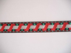 Sierband Zwart met rode zigzag en witte band   O-842