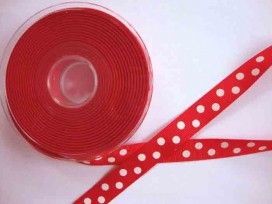 Ribsband rood met een witte stip en 16 mm. breed.
