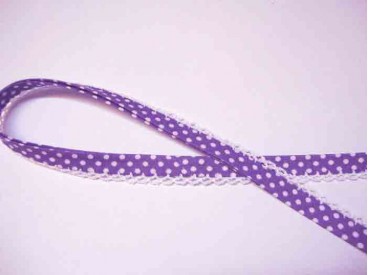 Biaisband Paars met witte stip en ruche Dubbel 15 mm.