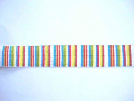 Elastisch biaisband met groen, geel, rood, blauwe streepjes.  2 cm. breed