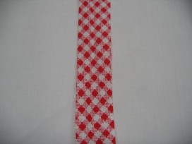 Rood geblokt biaisband. 100% katoen 2 cm. breed