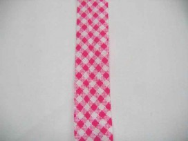 Pinkkleurig geblokt biaisband. 100% katoen 2 cm. Breed