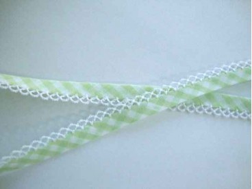 Biaisband Lichtlime boerenbont met ruche. dubbel 15 mm. br.