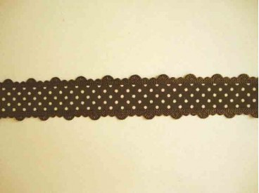 Sierband met stip en kantje Donkerbruin  25mm