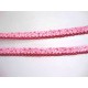 Roze biaisband met een donkerrode ruche en witte besjes. dubbel 15mm
