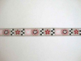 Sierband Hartjes Lichttaupe met zwart-rood-roze patroon 15mm.