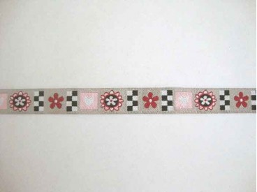 Sierband Hartjes Lichttaupe met zwart-rood-roze patroon 15mm.