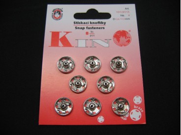 Drukknoop opnaaibaar, zilverkleurig  12,4 mm doorsnee  8 stuks op een kaartje