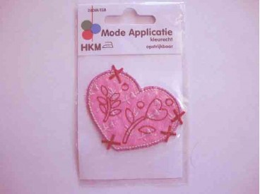 Hartjes applicatie Roze met bordeaux gestikte bloem