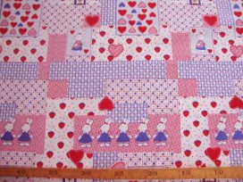 Dapper katoen Patchwork met hartjes en konijn op een rij 3022-50N