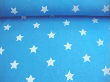 Mooie kwaliteit aquakleurige joggingstof met een witte ster. Doorsnee ster is 4 cm.  65%co/35%pe.  1.40 mtr. br.