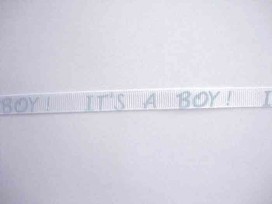 Ribsband wit/lichtblauw It's a Boy! 10mm. 1202-B-06