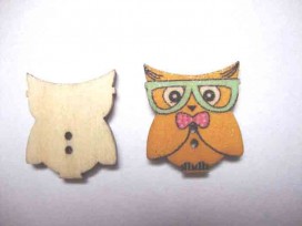 Houten knoop gekleurd Uil Kanarie geel